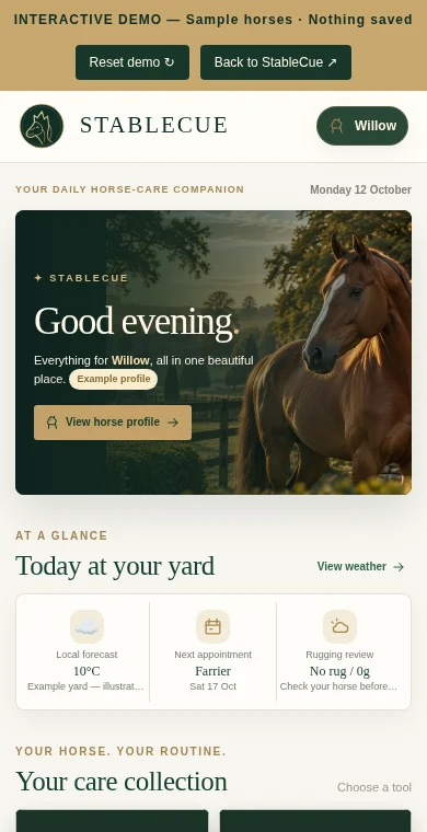 Preview of StableCue's photographic horse care dashboard