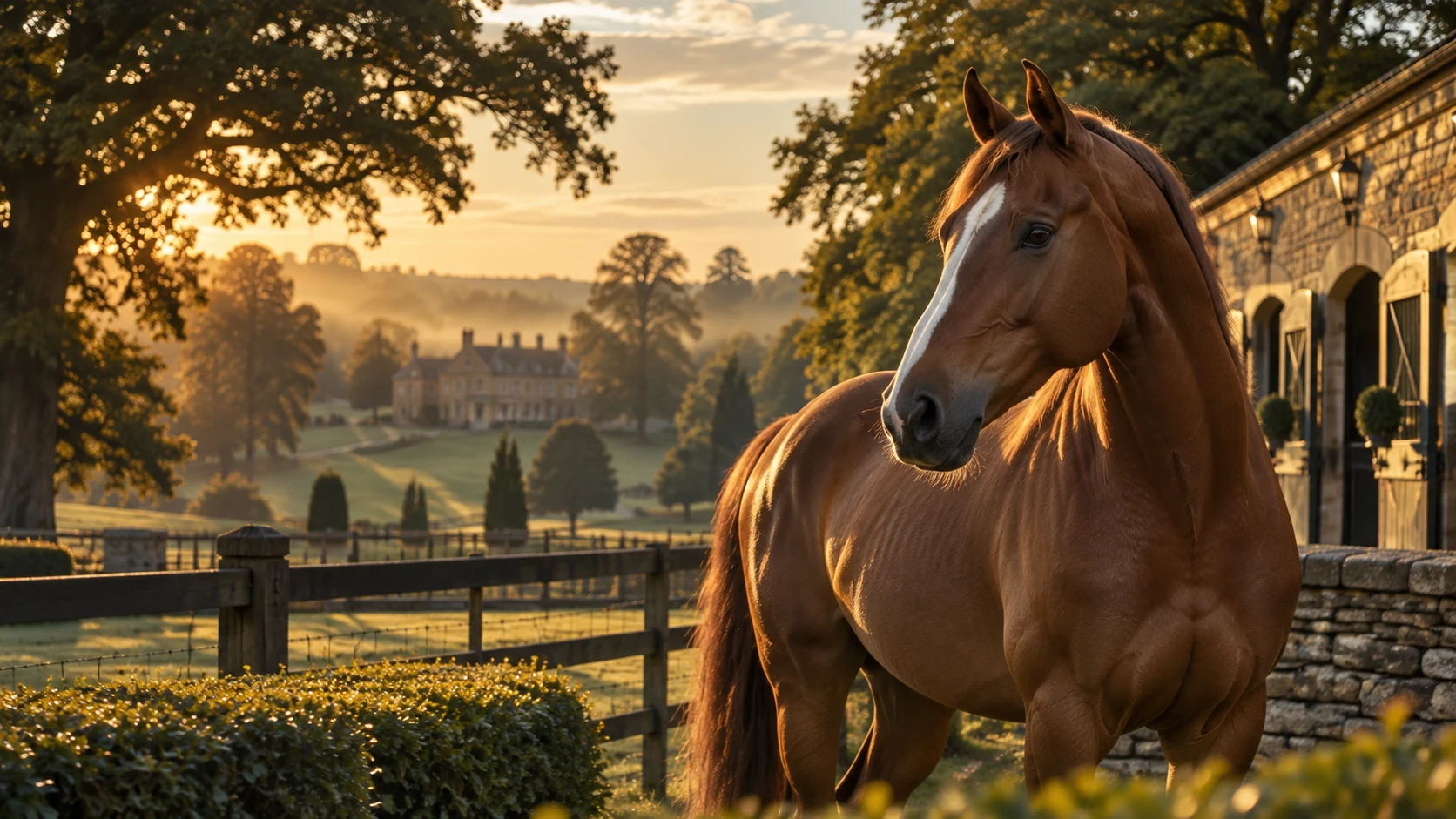 Chestnut horse by stone stables on a peaceful country estate